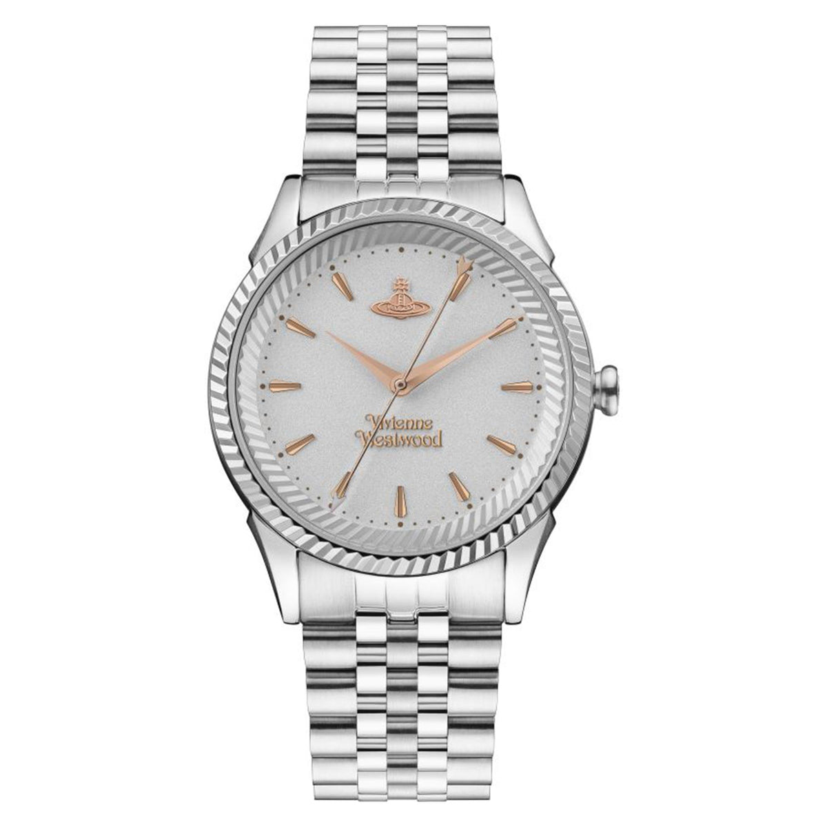 Silver stainless steel ladies watch with round silver dial, copper hour markers, bracelet
