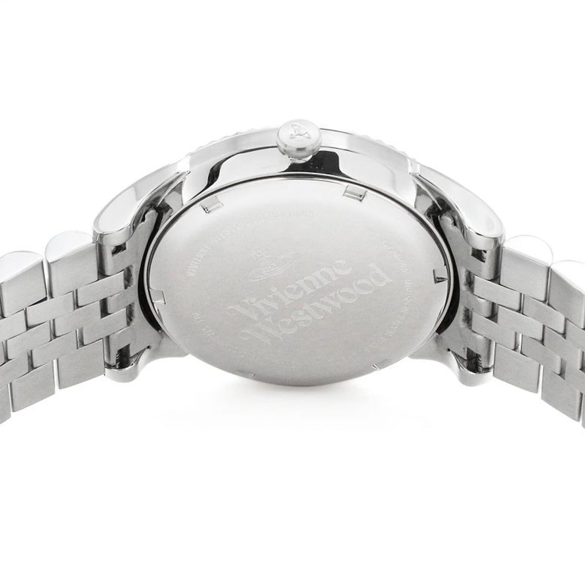 Silver watch underside with stainless steel bracelet links and engraved case back