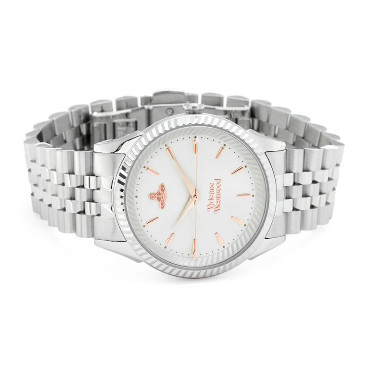 Women’s quartz wristwatch with silver stainless bracelet, white dial, round case and markers