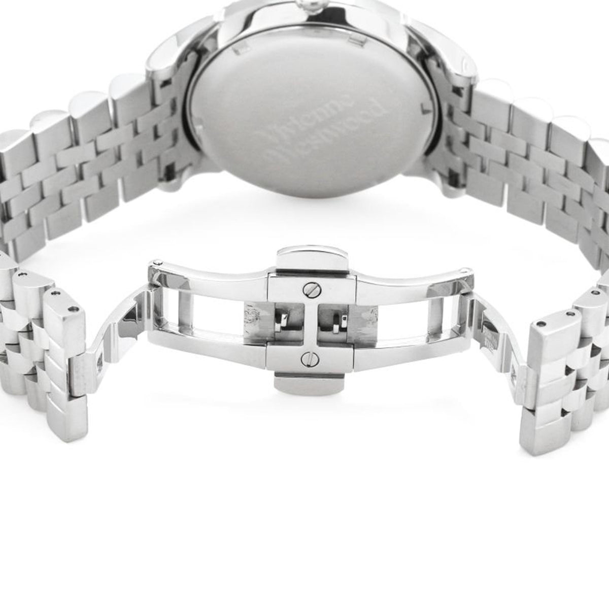 Silver stainless steel bracelet watch with round case back and clasp, quartz