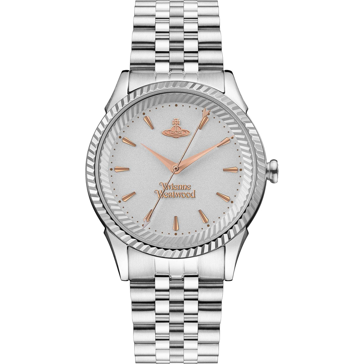 Silver stainless steel ladies watch with round silver dial, copper hands, front view
