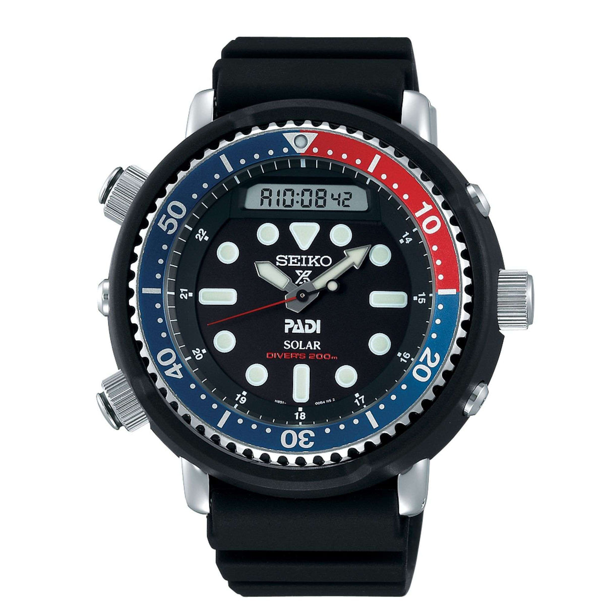 Men's Seiko solar dive watch, black dial with markers and date display, black silicone strap.