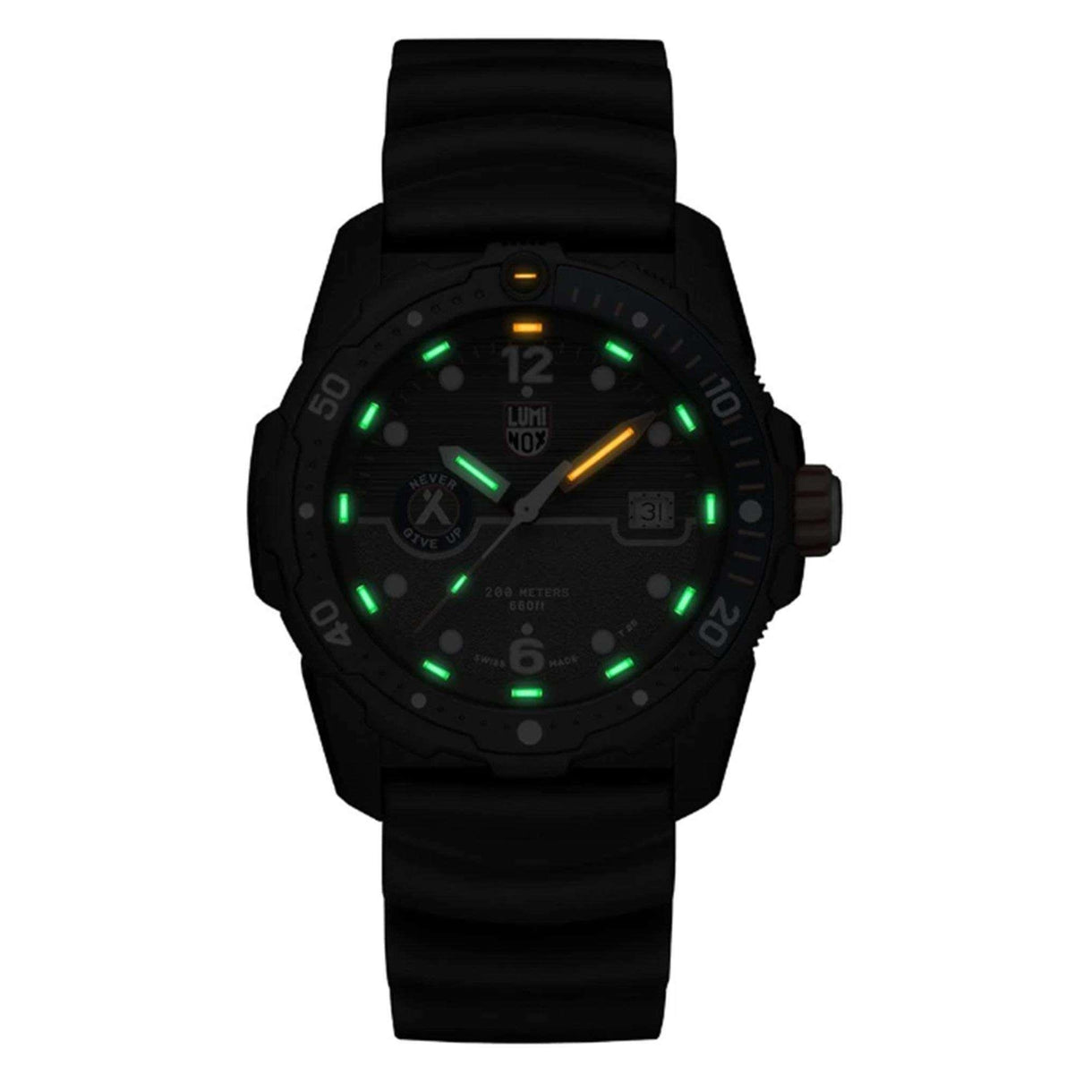 Men's black dial quartz watch with green glowing lume markers and black rubber strap