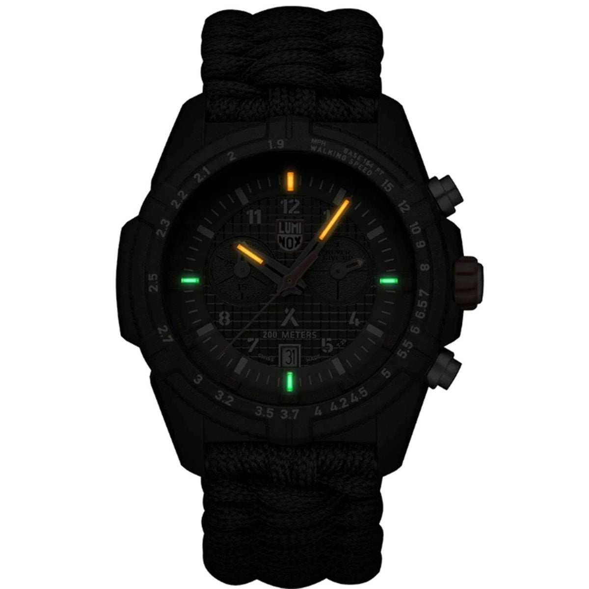 Men's quartz sport watch with black dial, green lume markers, black textile strap