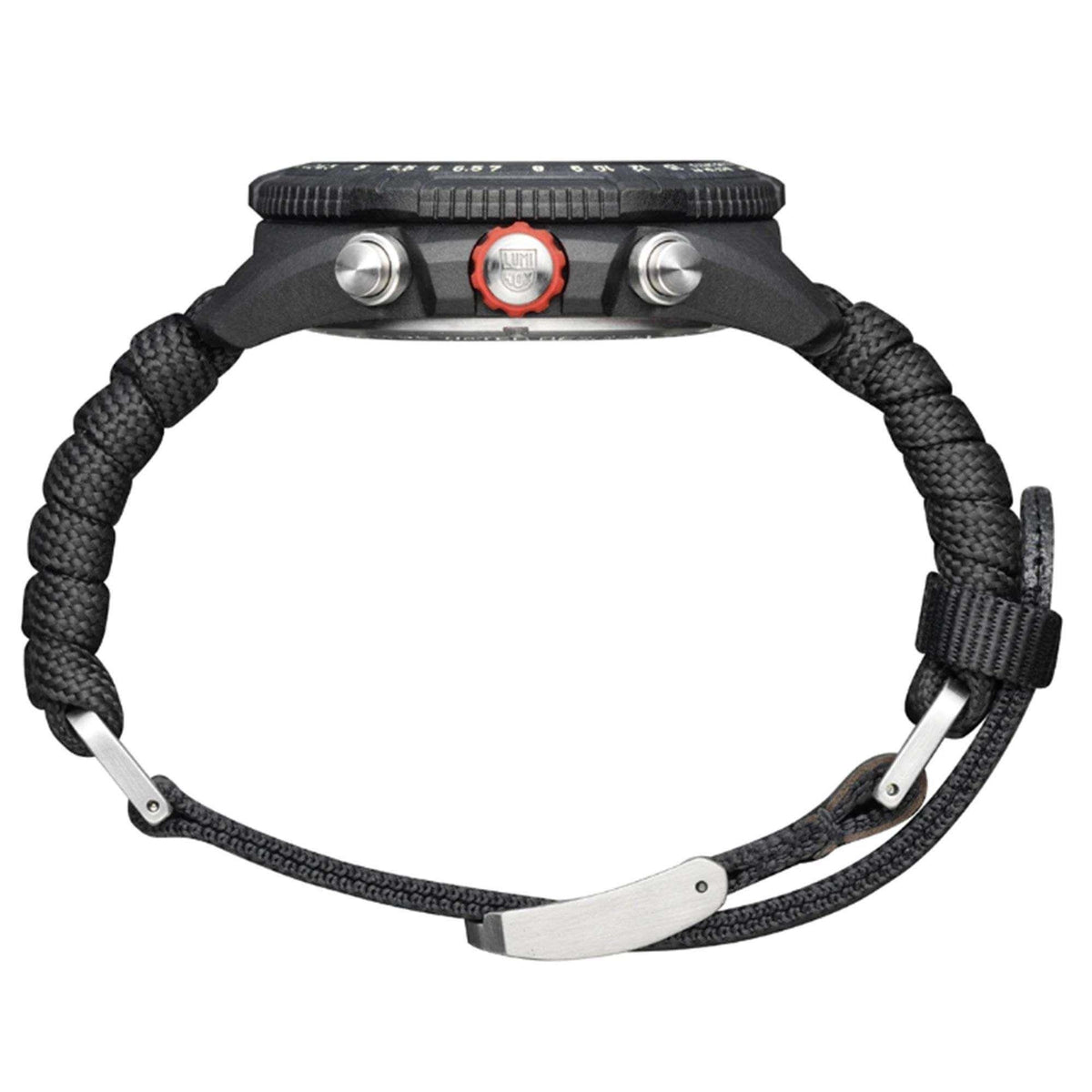Watch case back and black braided textile strap with metal clasp