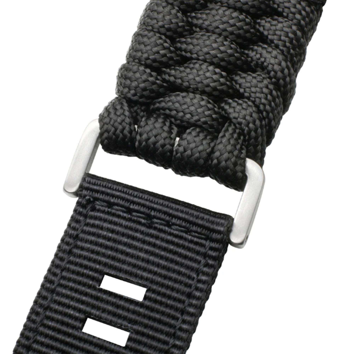 Black textile watch strap with metal buckle and braided knot detail