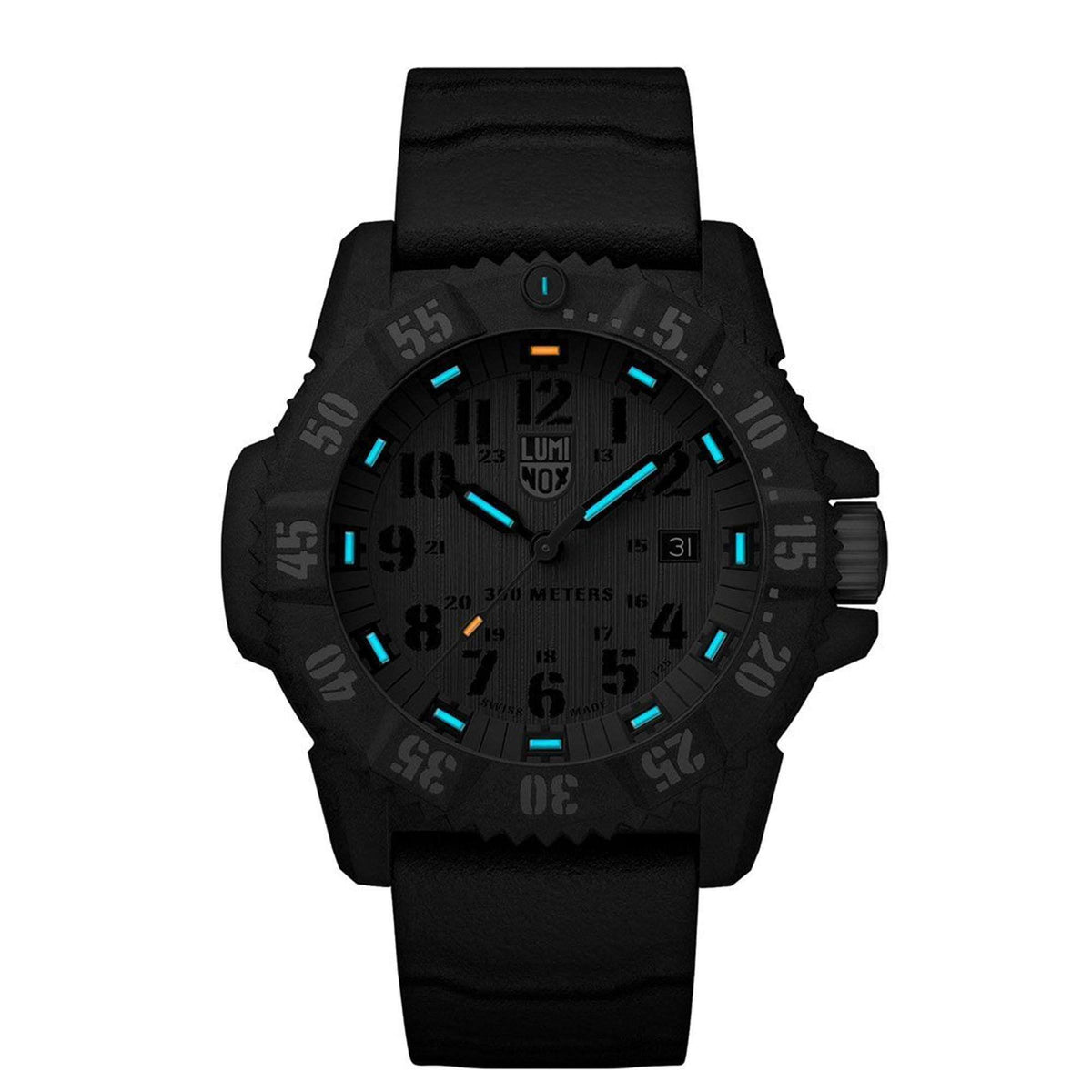 Men's quartz wristwatch with green dial, black rubber strap, carbon-look case, blue glowing hour marks