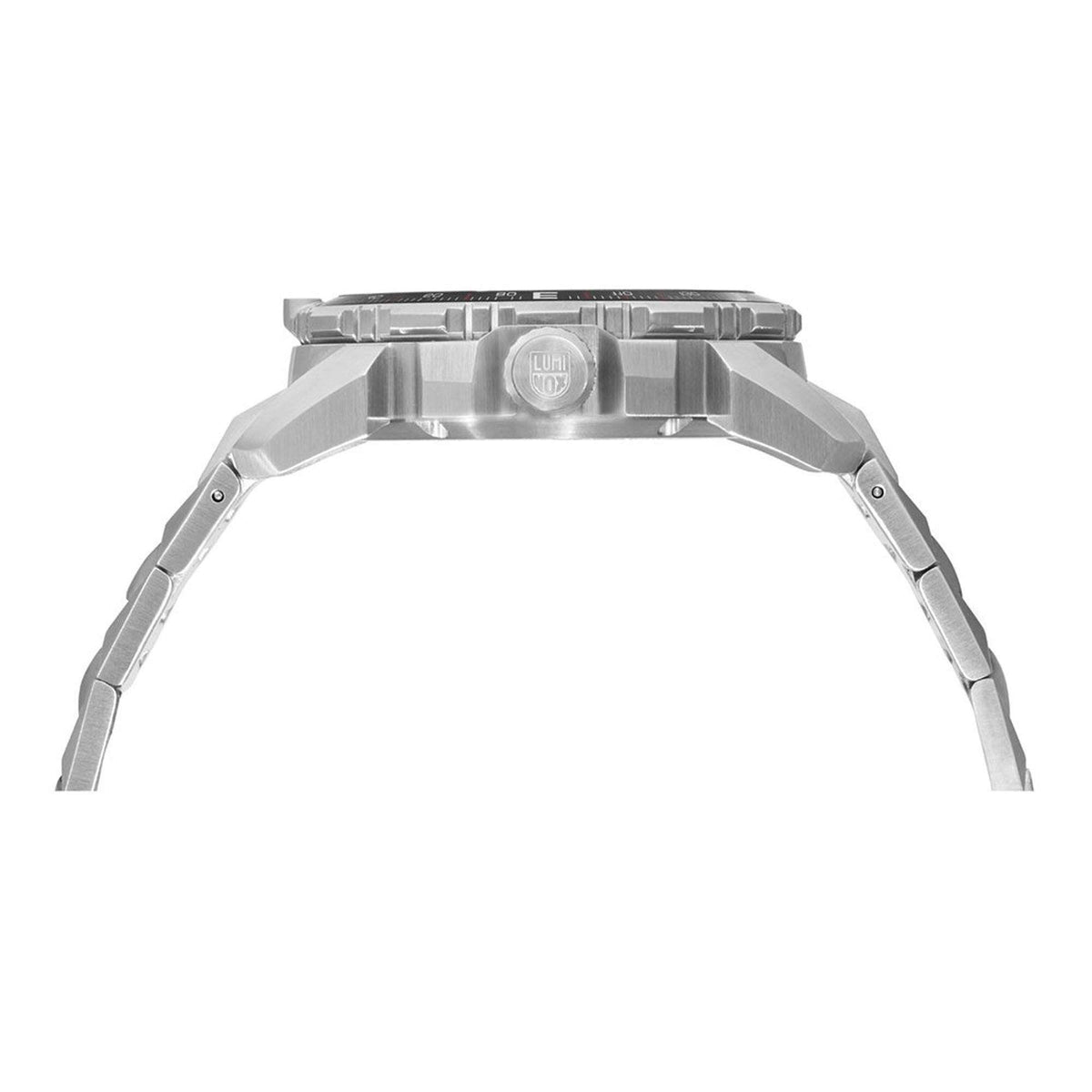 Luminox men's stainless steel watch, silver link bracelet and case top view