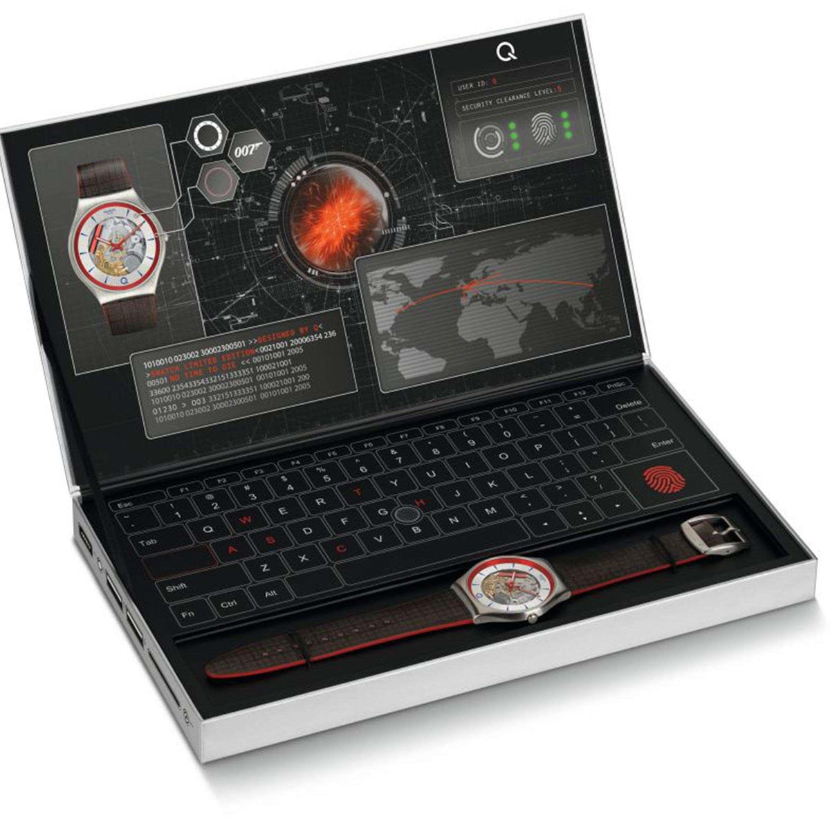 Limited edition watch shown in themed presentation box with laptop graphics