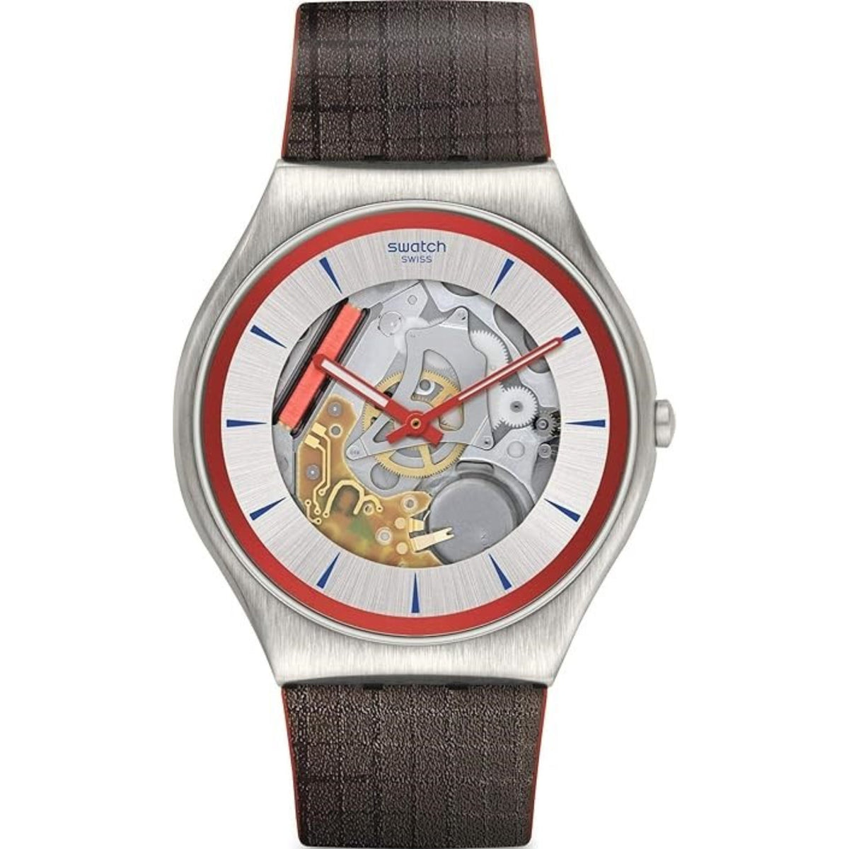 Men's silver-tone watch with brown leather strap, red-and-blue skeleton dial