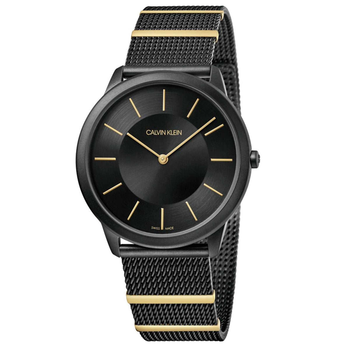 Round black dial men's watch with gold hands, crown at 3 o'clock, mesh bracelet