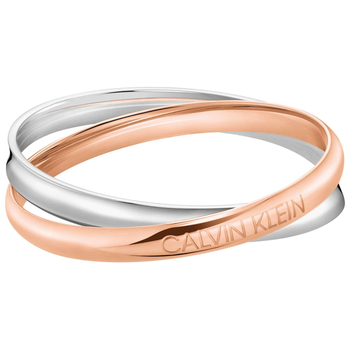 Two-tone entwined bangle with inner rose-gold sheen and outer silver band