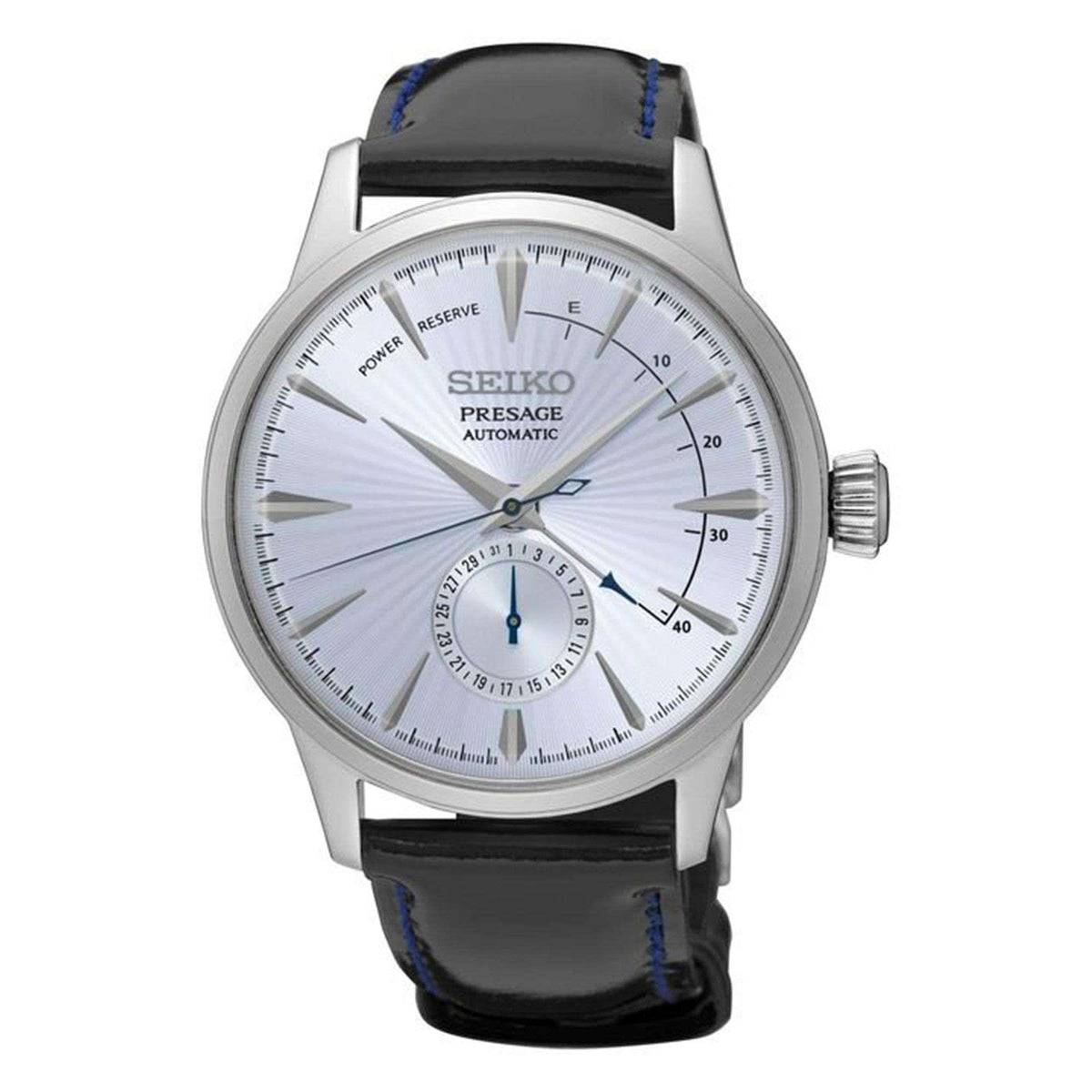 Men's automatic watch with silver sunray dial, black leather strap, blue accents