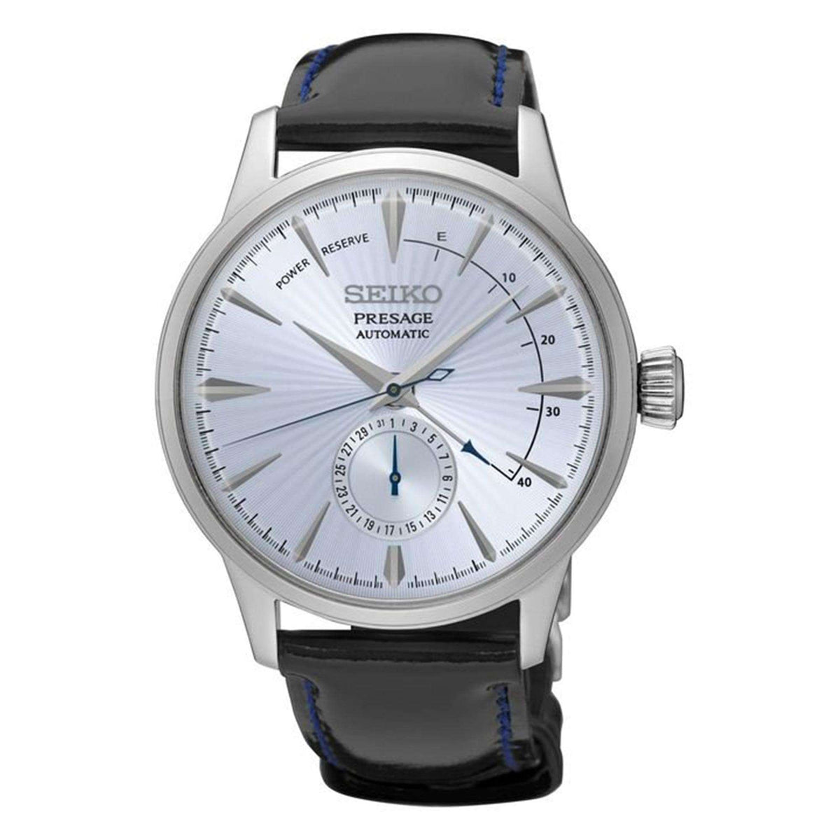 Seiko Presage automatic watch with silver dial, black leather strap, and steel case