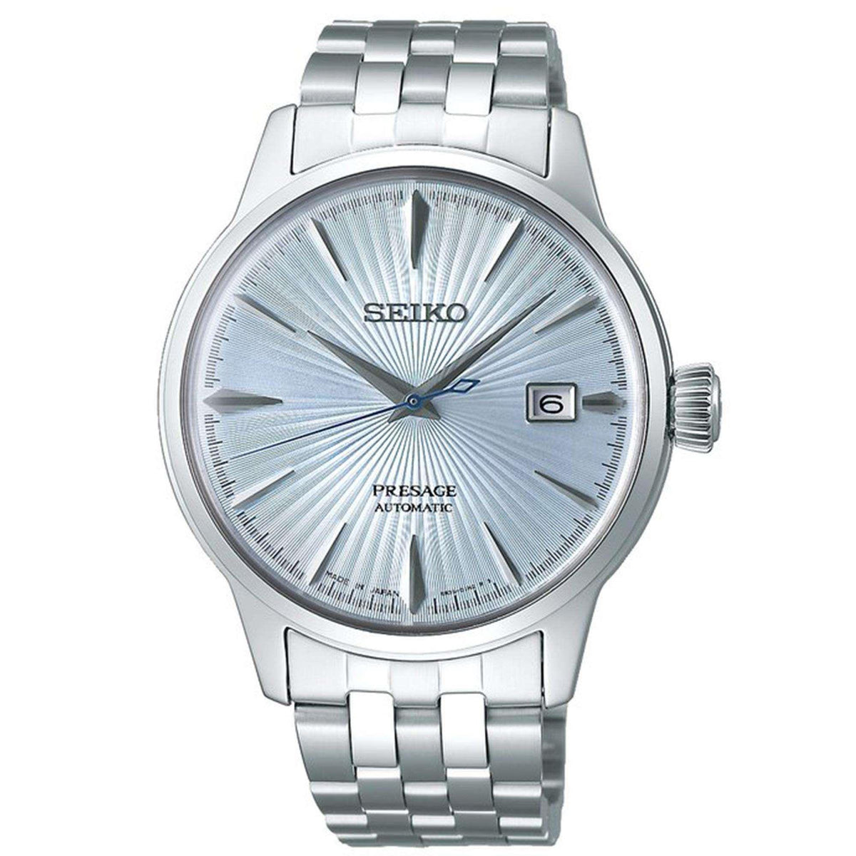Light blue sunburst dial automatic men’s watch with silver stainless steel bracelet