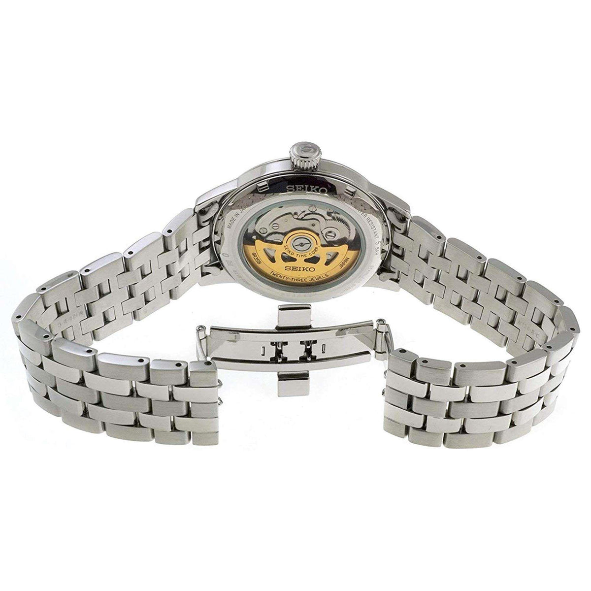 Silver stainless steel automatic watch with bracelet and exposed movement on caseback