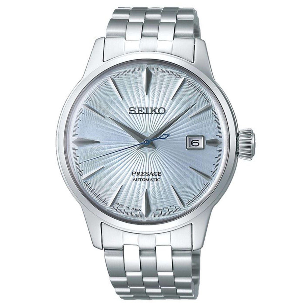 Light blue sunburst dial automatic men’s watch with silver steel bracelet and crown