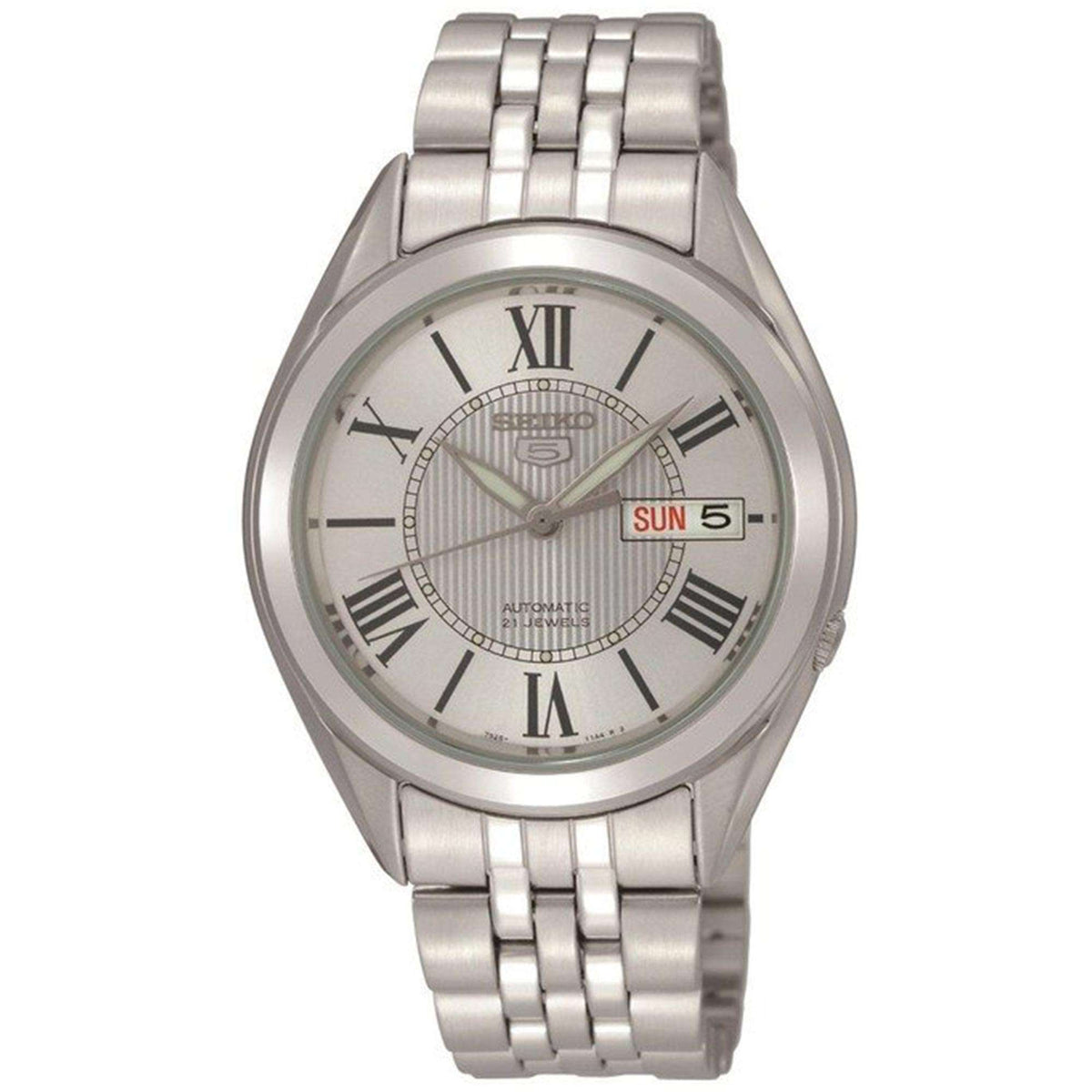 Men's automatic wristwatch with white dial, Roman numerals, day/date window, steel bracelet