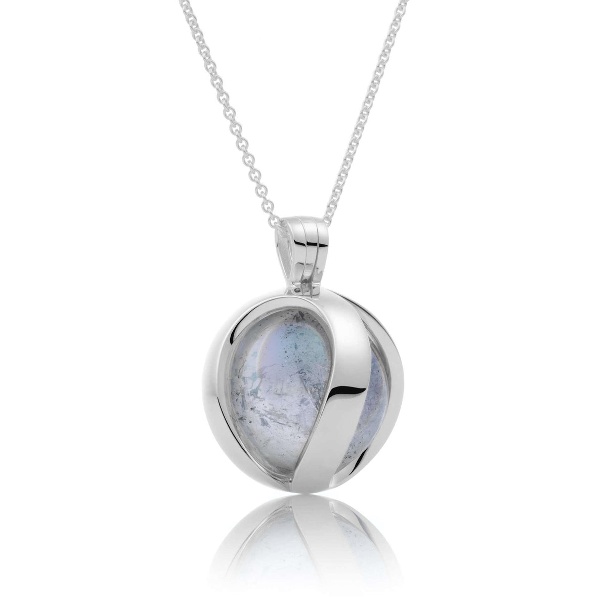 Round bezel pendant with blue-gray cabochon stone and silver link chain