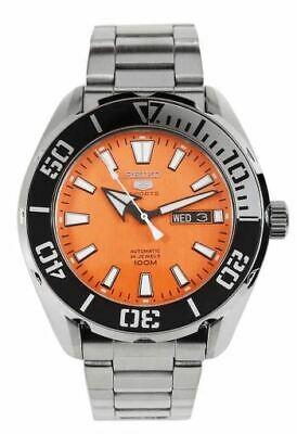 Stainless steel automatic men's watch with orange dial and black minute track, day-date at 3.