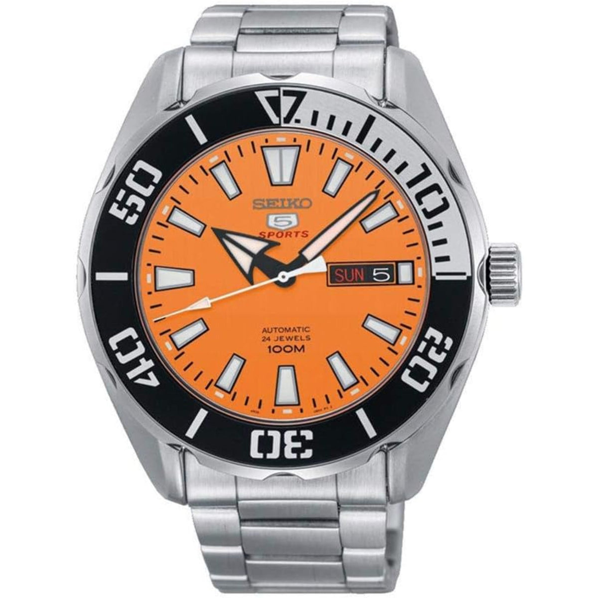 Stainless steel automatic men's watch with orange dial, baton hour markers, and date window.