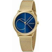 Calvin Klein gold-tone milanese bracelet quartz watch, blue round dial with markers