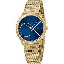 Calvin Klein quartz wristwatch with blue dial and gold-tone milanese link band