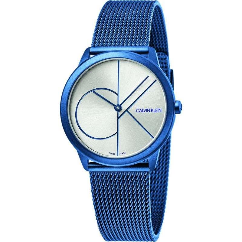 Round men's quartz watch with blue Milanese strap, silver dial and slim minute hands