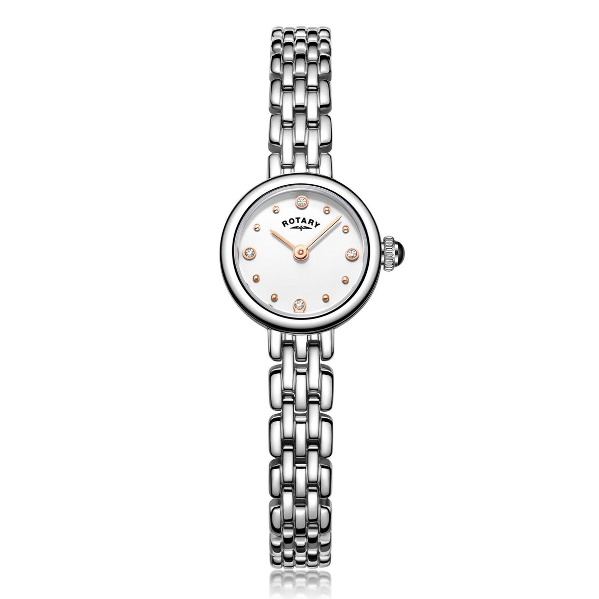 Stainless steel ladies wristwatch with white dial, rose-gold hands, link bracelet