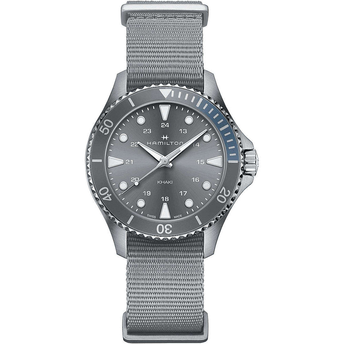 Front view of grey-dial NATO quartz watch with silver bezel markers and grey woven strap