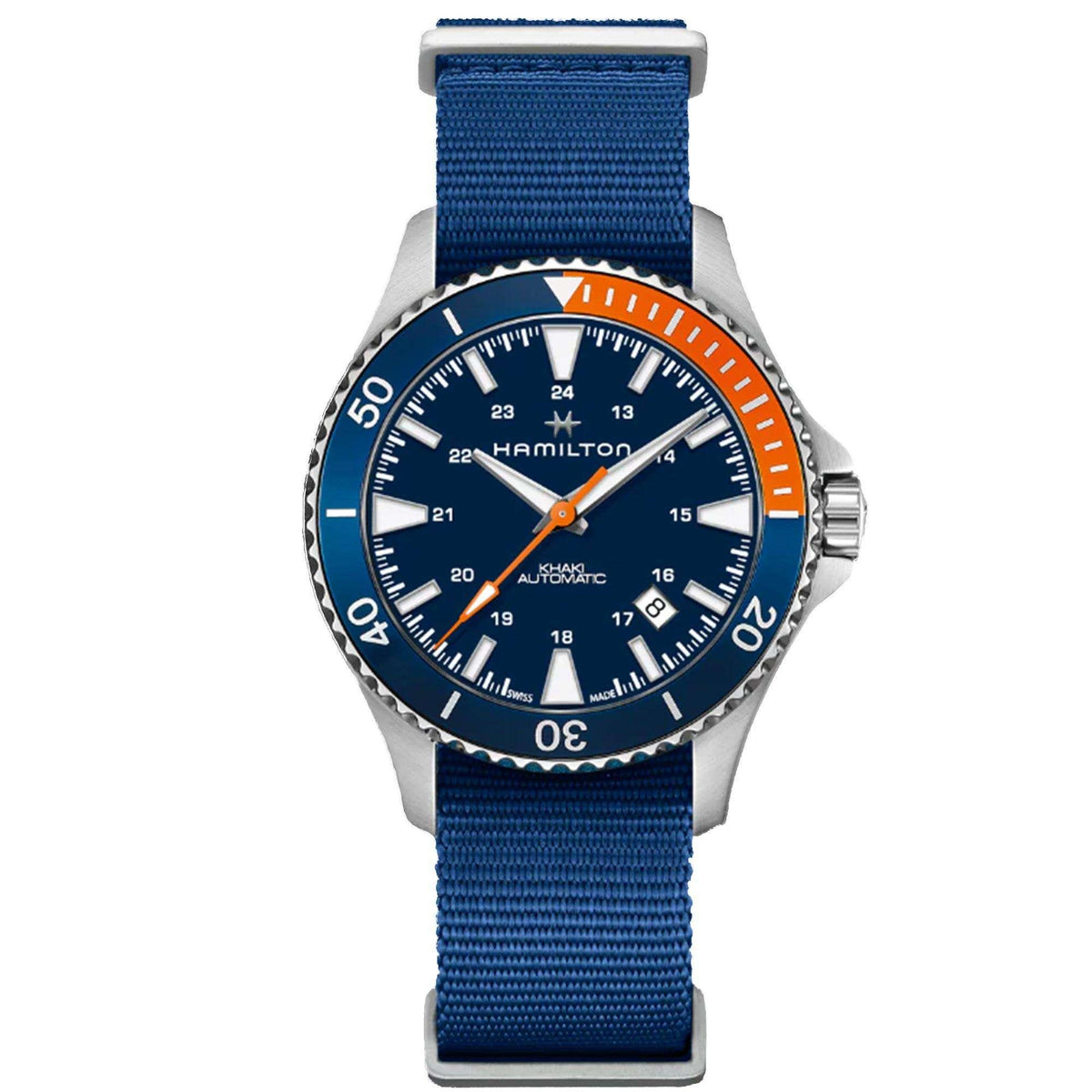 Hamilton men's automatic watch with blue NATO strap, dark blue dial, orange bezel accents