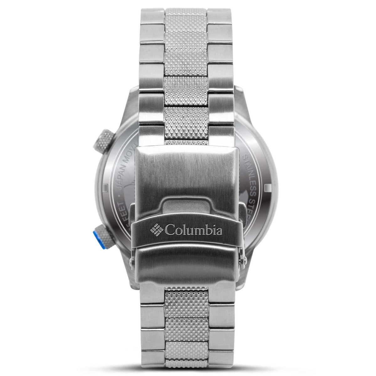 Silver stainless steel watch case with engraved logo and silver textured bracelet center