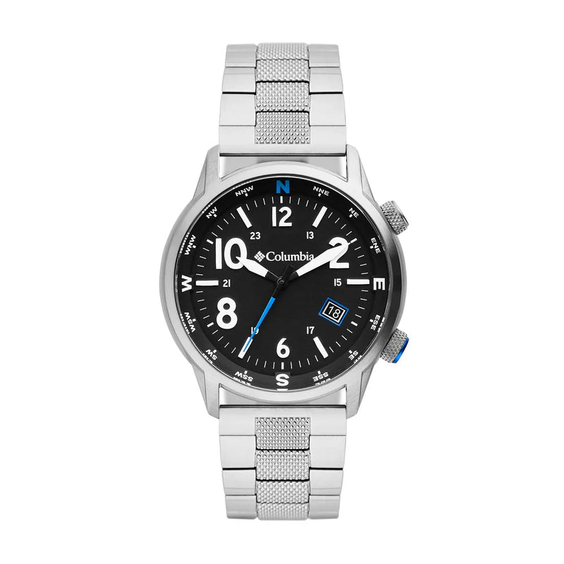 Men's round quartz watch with black dial, blue hands, and silver link bracelet