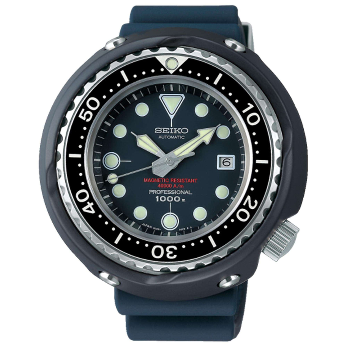 Men's Seiko Prospex dive watch with blue dial, blue silicone strap, and crown detail