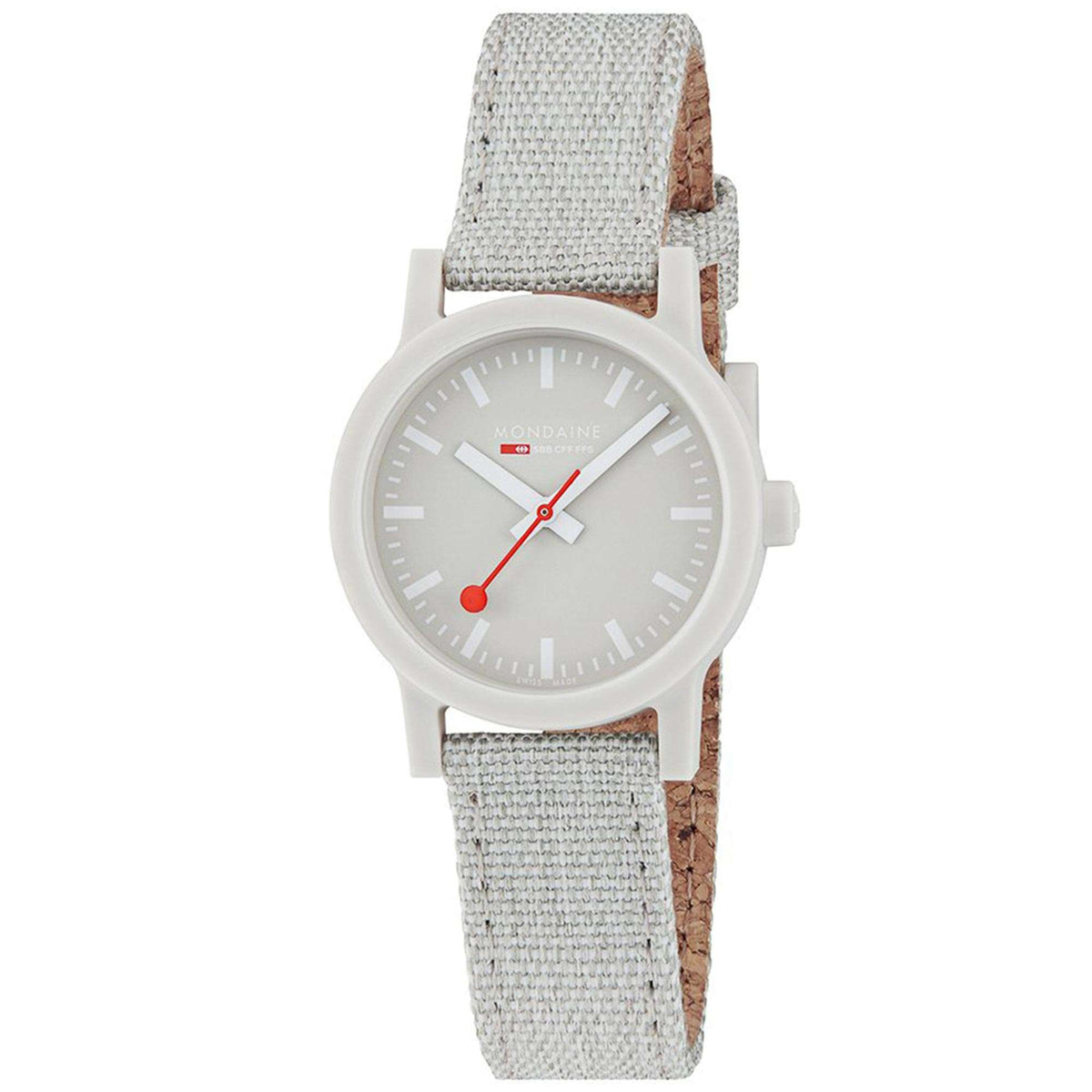 Ladies quartz watch with grey dial and textured grey textile strap, red seconds hand