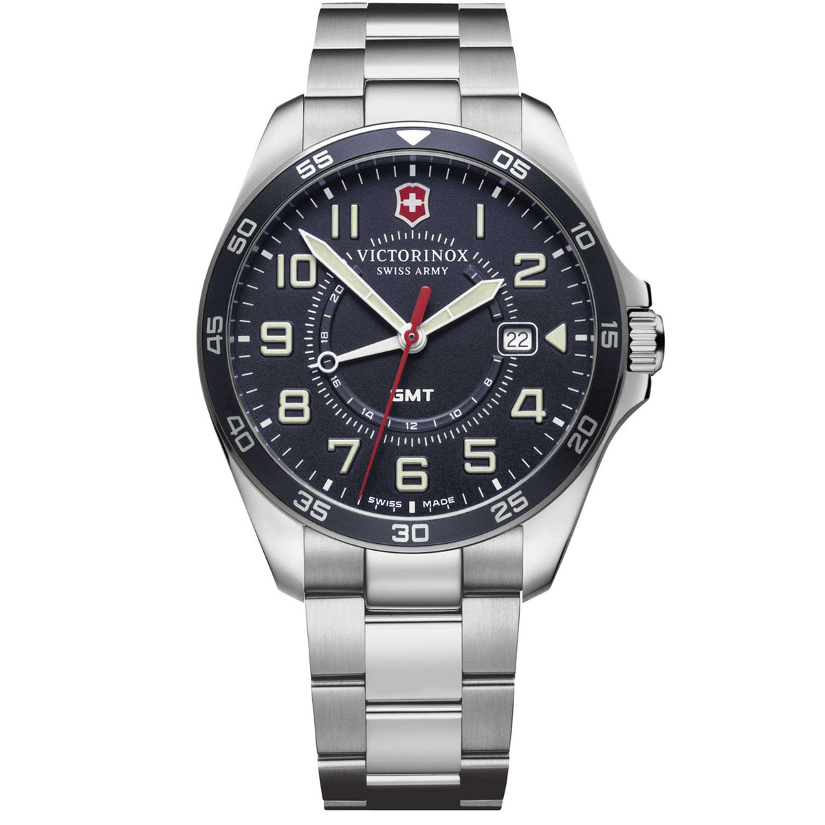 Victorinox Field Force watch front with dark blue dial, luminous markers and date window.