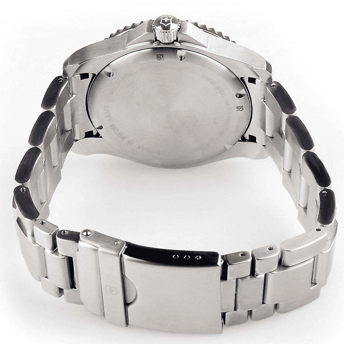 Stainless steel bracelet view showing clasp, strap links, and attachment holes