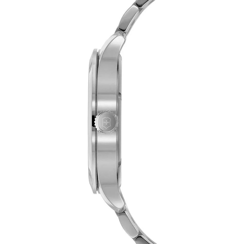 Victorinox Swiss Army men's watch side profile with silver crown and steel bracelet