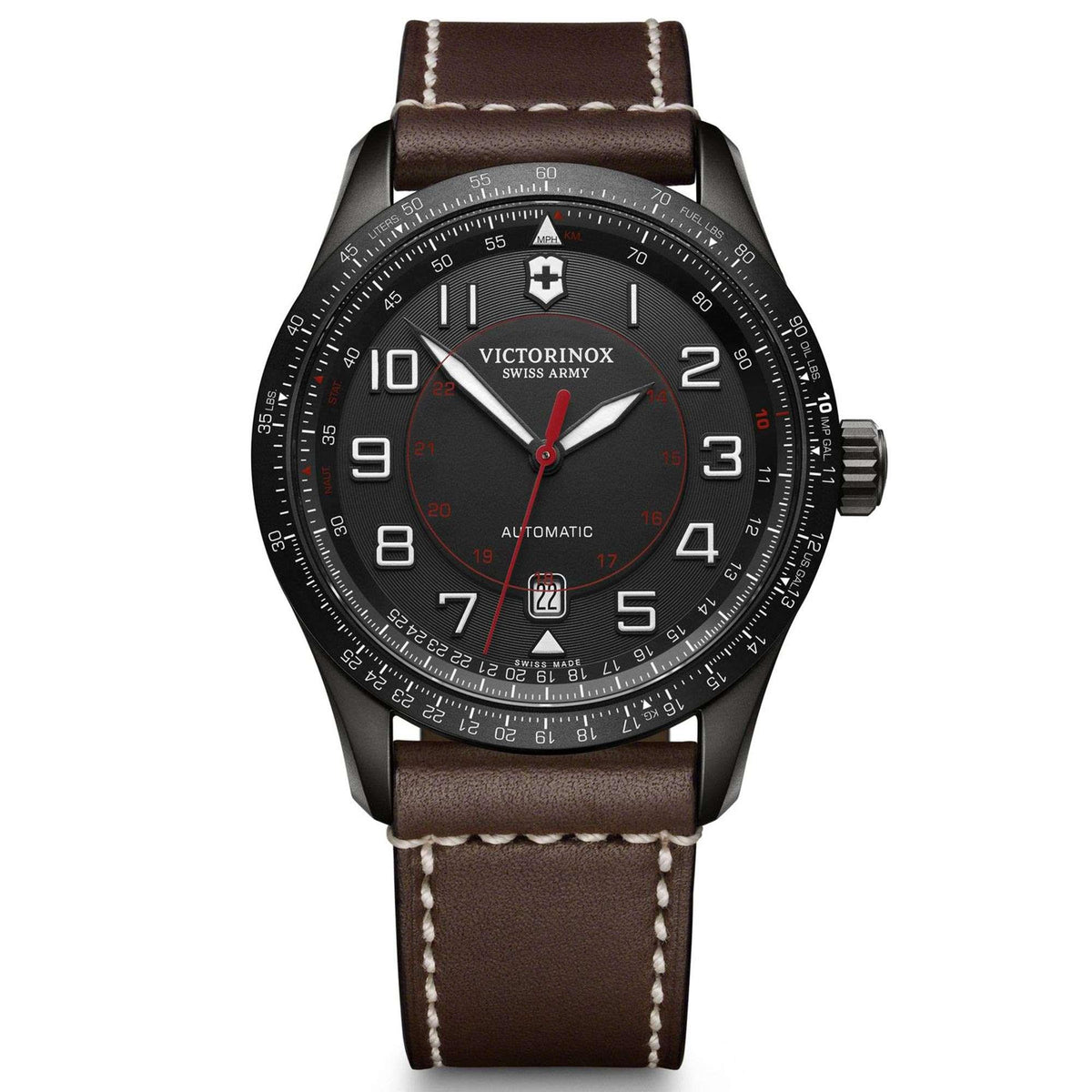 Men's Victorinox Swiss Army Airboss mechanical watch, black dial, brown leather strap