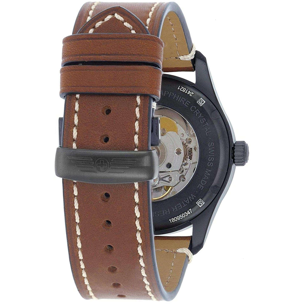 Men's Victorinox Swiss Army watch with brown leather strap, visible sapphire crystal caseback