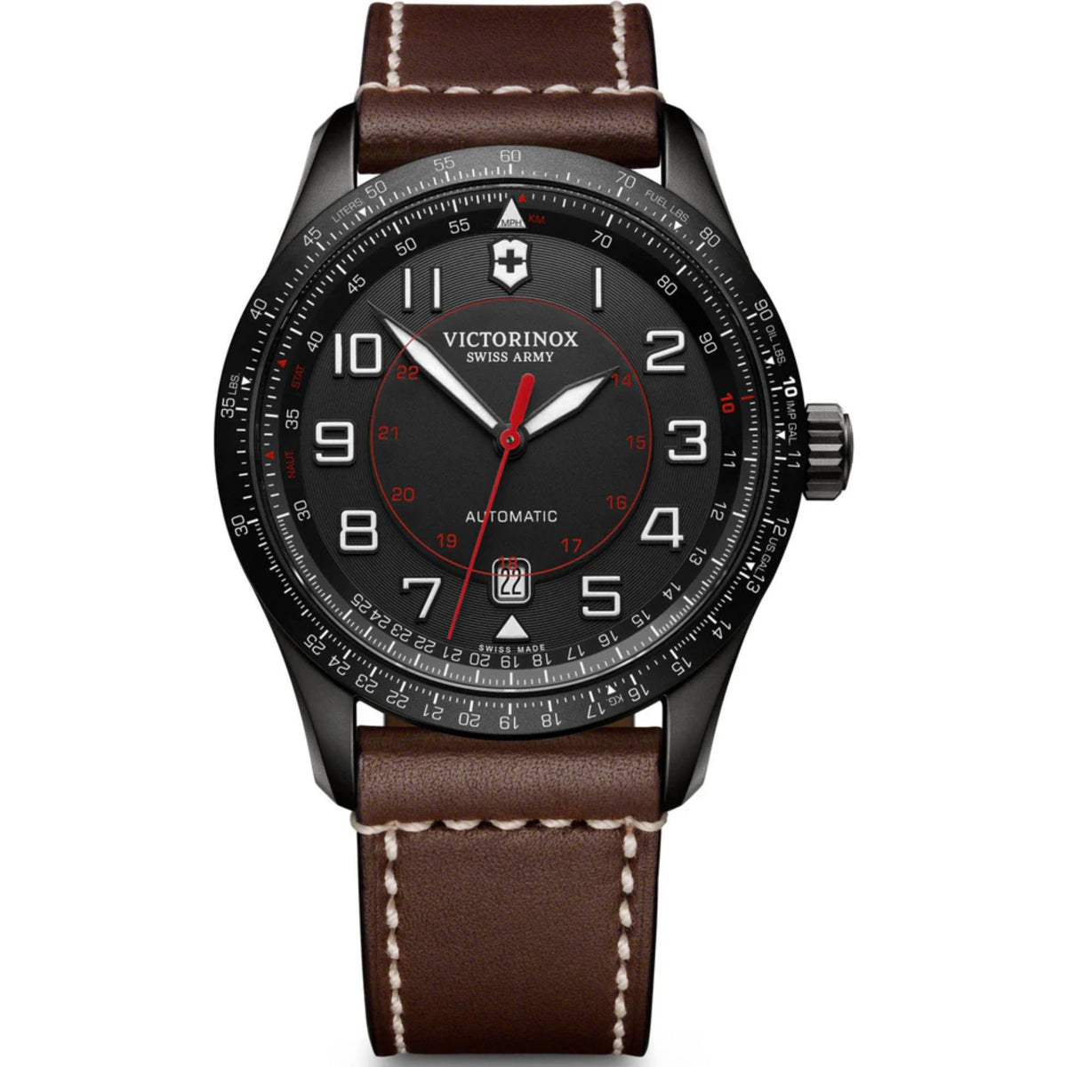 Men's Victorinox Swiss Army Airboss mechanical watch, black dial with numerals, brown leather strap
