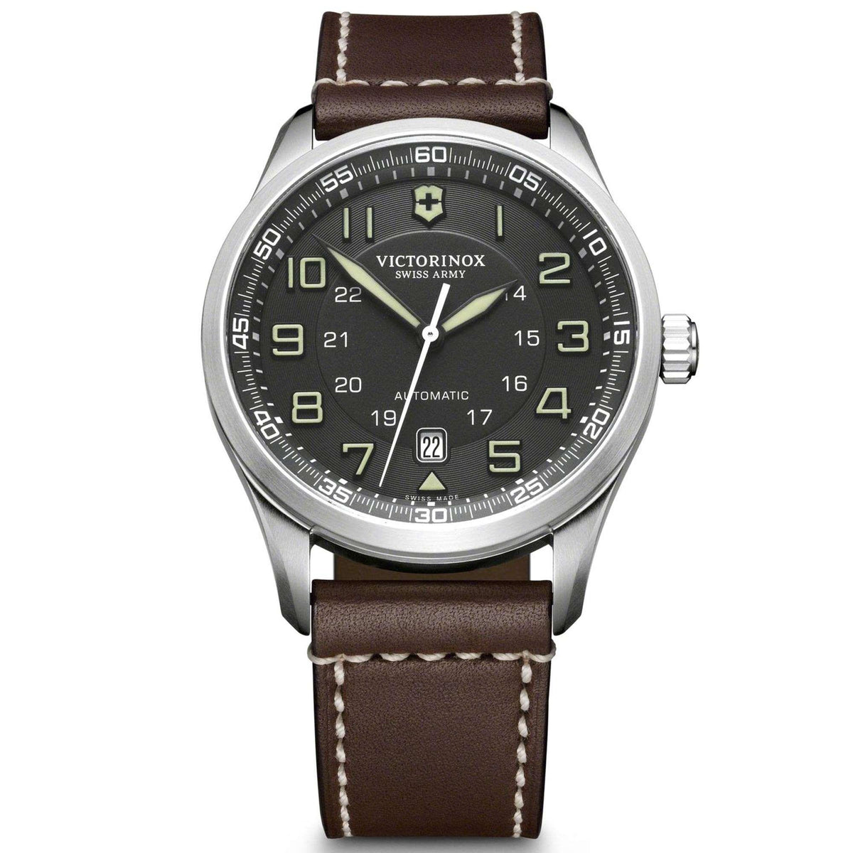 Men's mechanical wristwatch front view with dark grey dial and brown leather strap