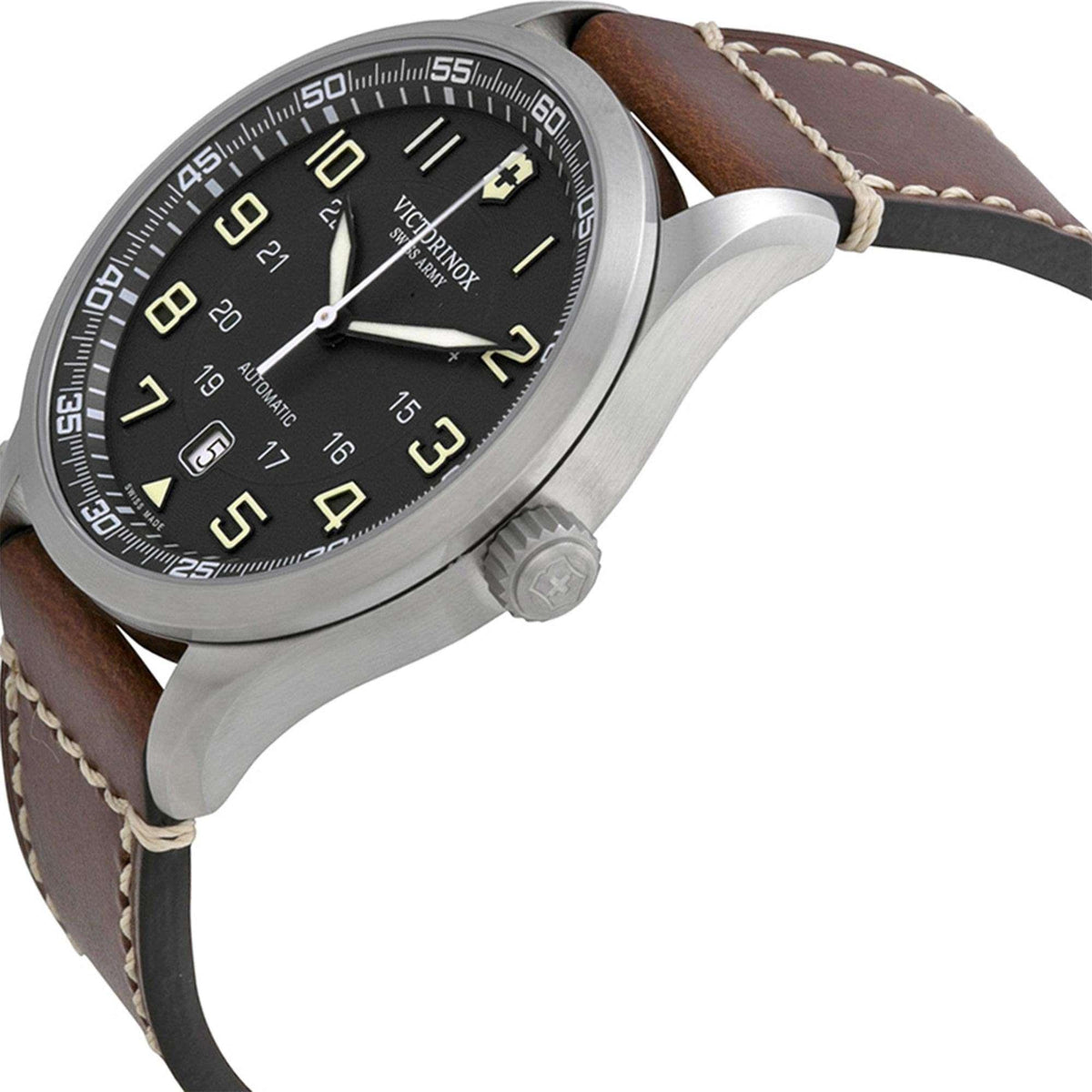 Men's mechanical wristwatch side view; dark dial with markers, brown leather strap, steel bezel