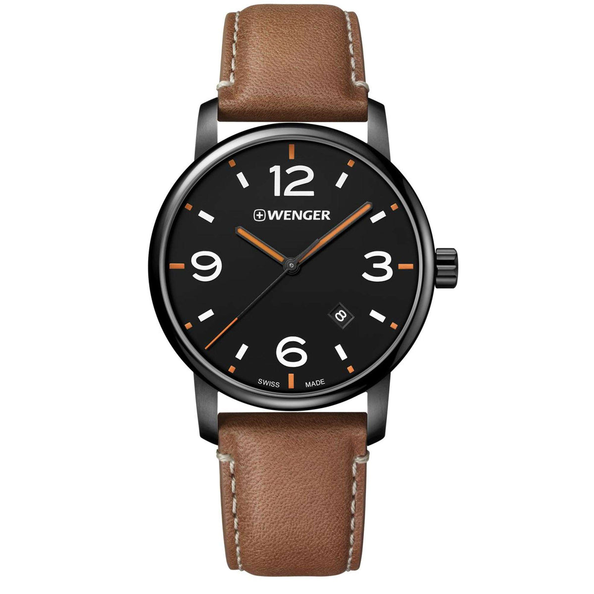 Men's round wrist watch with black dial, orange markers, and brown leather strap.