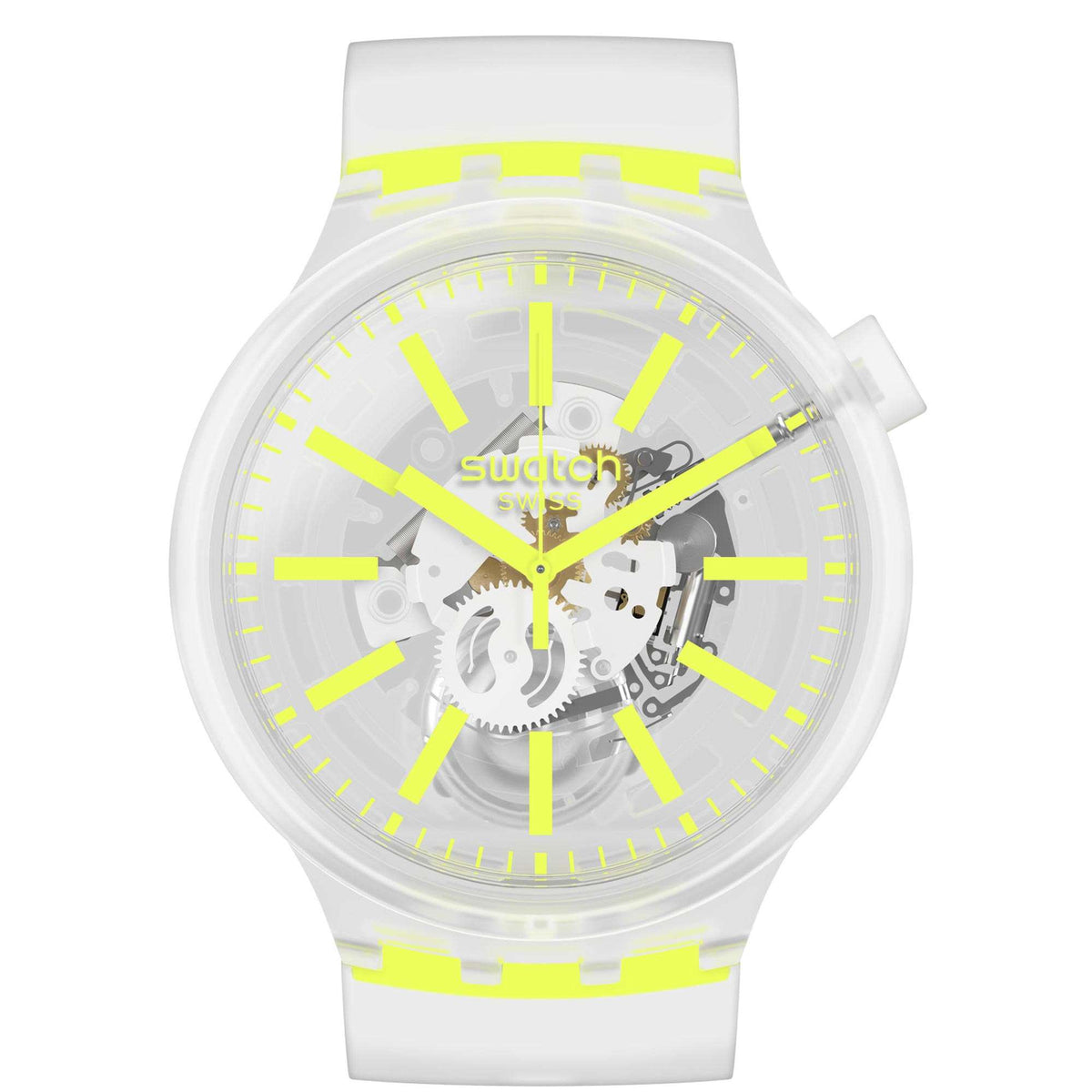 White silicone strap watch with neon yellow hour markers, skeleton dial and Swatch logo