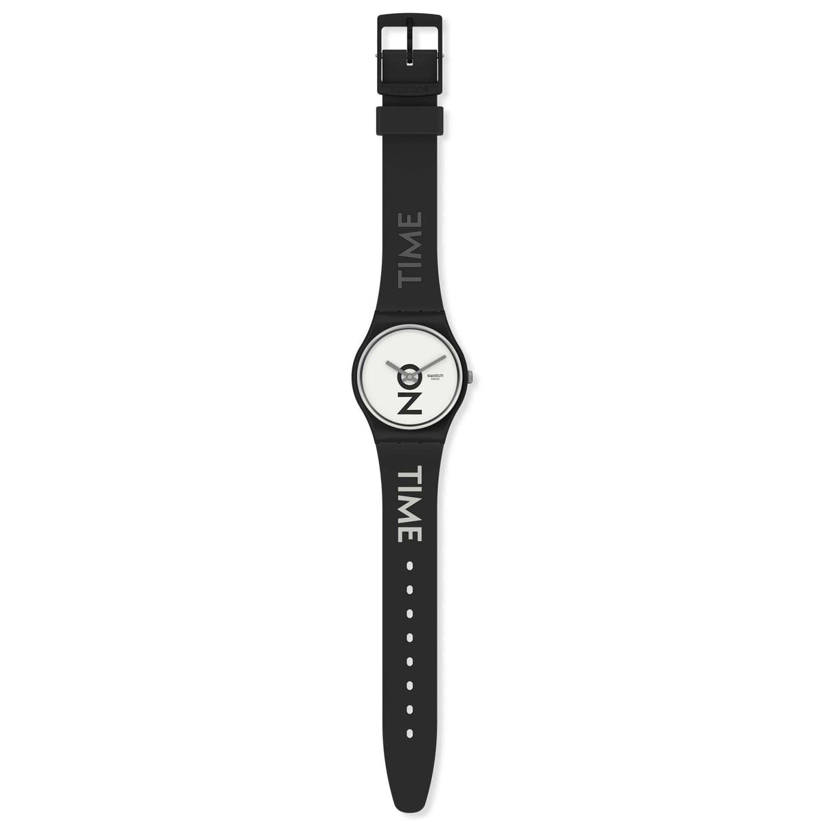 Black silicone strap quartz wristwatch with white dial facing forward
