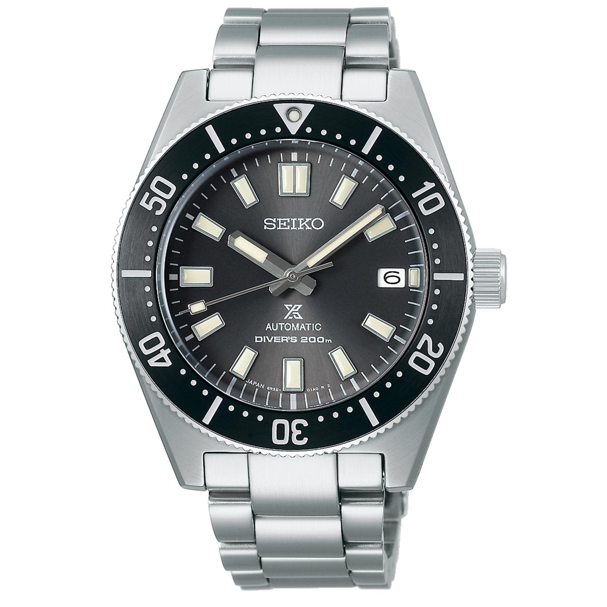 Stainless steel men's diver watch front with black dial, lumed markers, and metal bracelet.
