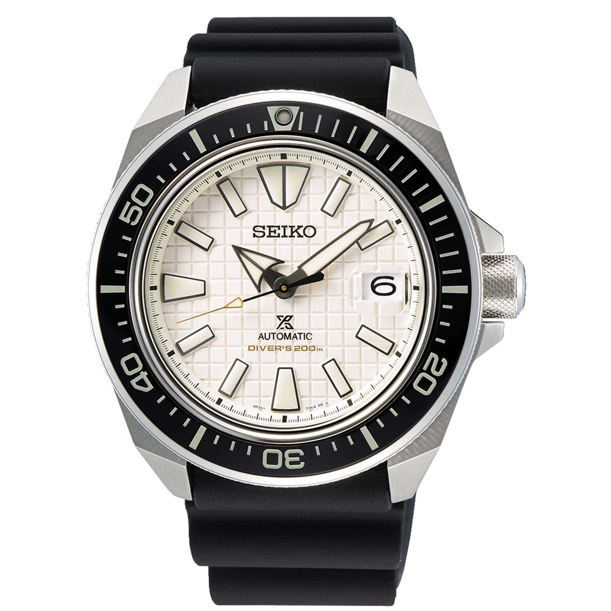 Men's automatic dive watch with stainless steel case, black bezel, white dial, black silicone strap