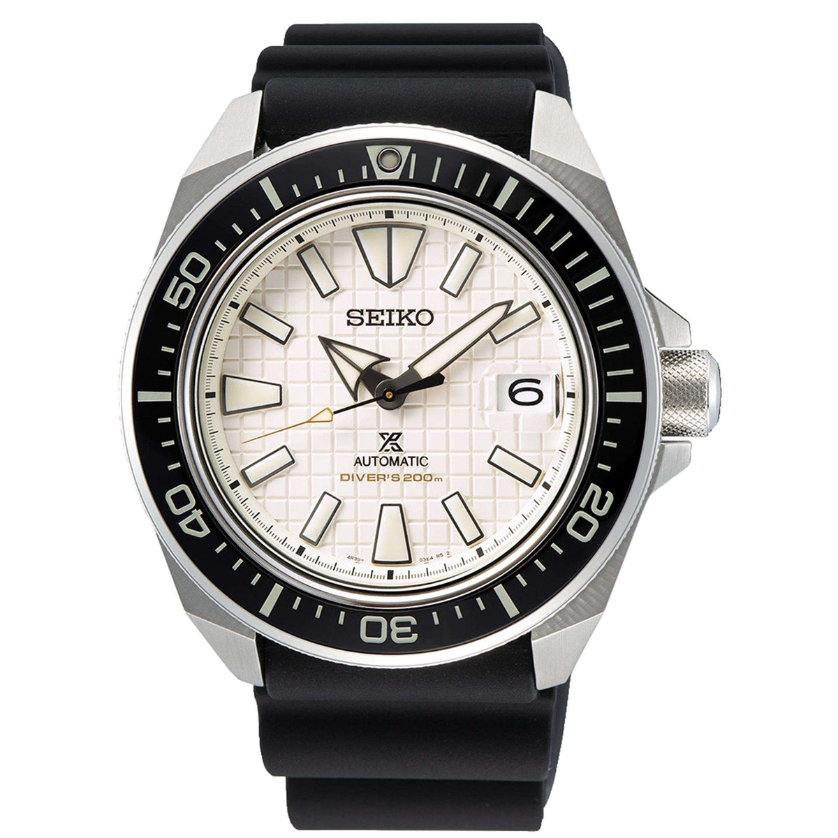 Men's automatic dive watch, white dial with date window, black bezel, black silicone strap