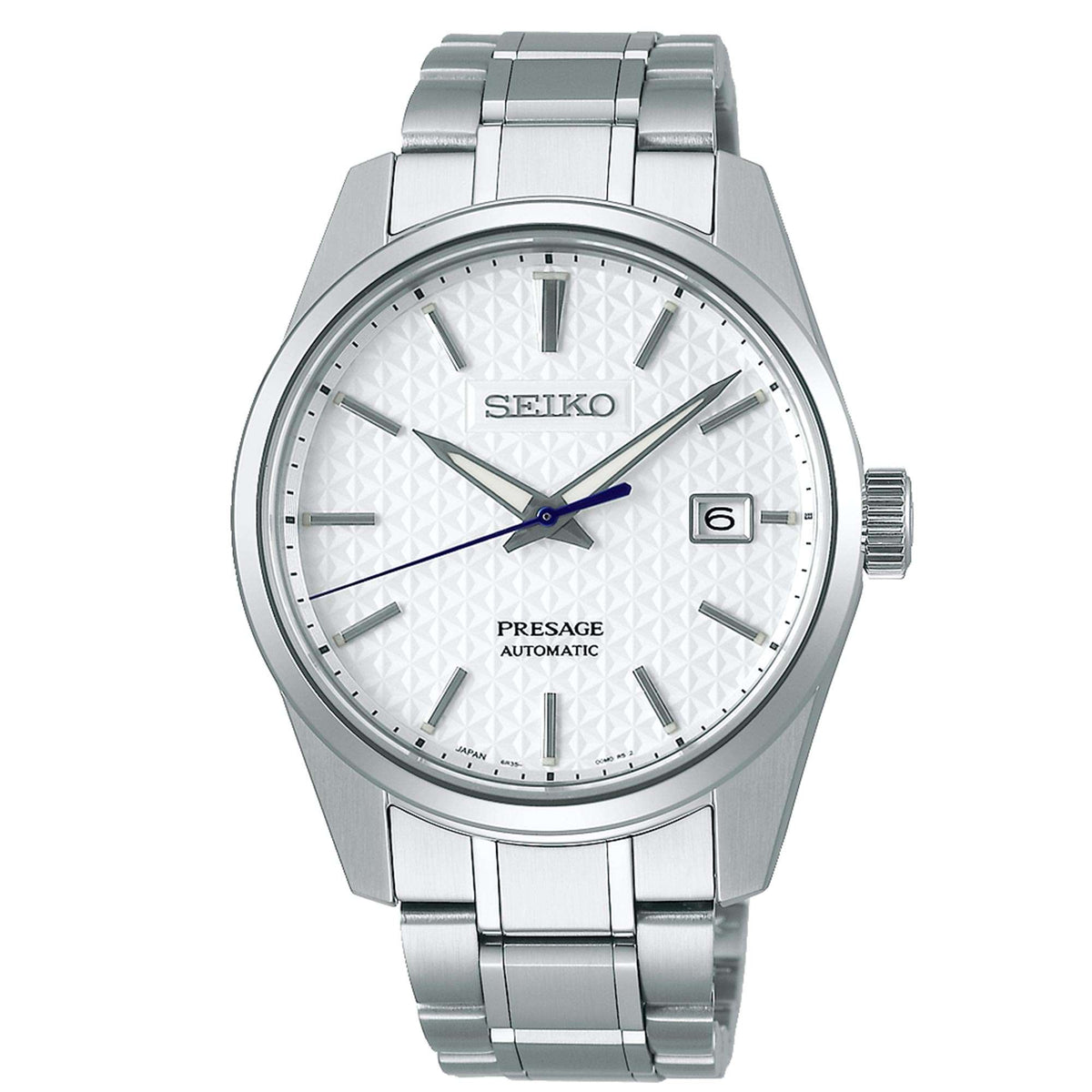 Men's Seiko Presage automatic watch with white textured dial and silver stainless bracelet